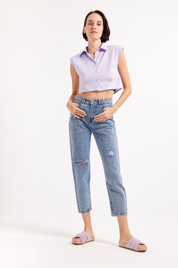 RIPPED MOM FIT JEANS - BLUE - Opio Shop