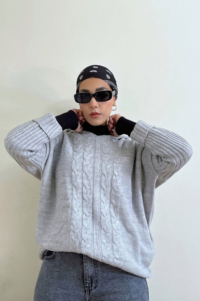 HOODED CABLE KNIT SWEATER - GREY - clothing - Opio Shop