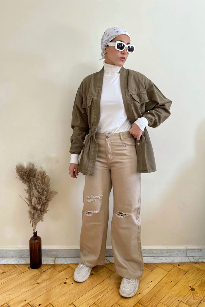 RIPPED WIDE LEG JEANS IN BEIGE - clothing - Opio Shop
