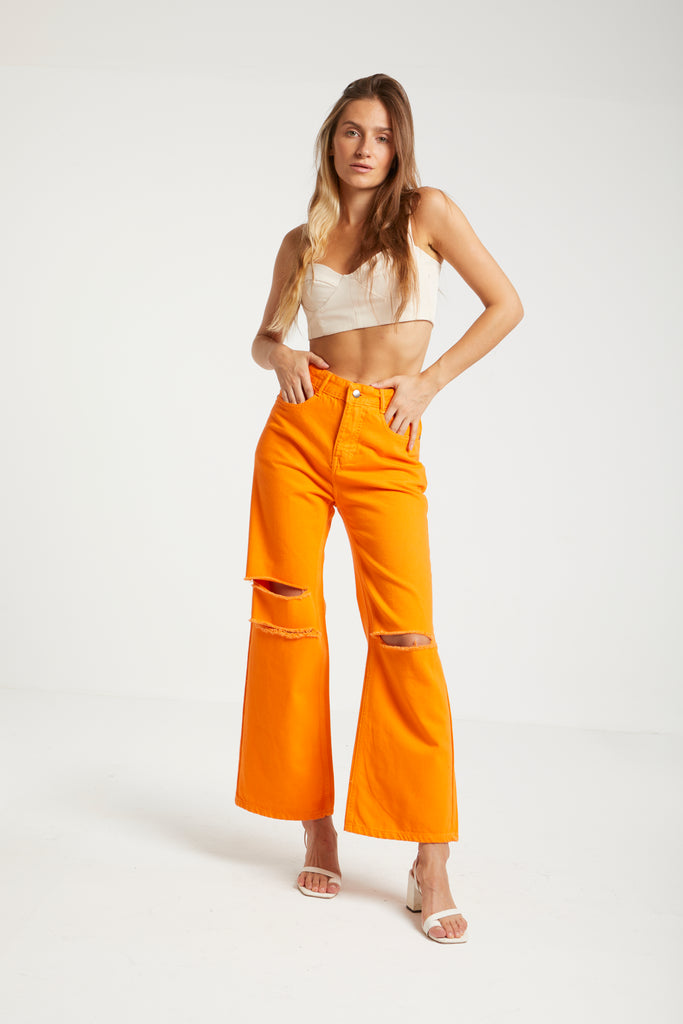 RIPPED WIDE LEG JEANS IN ORANGE - clothing - Opio Shop