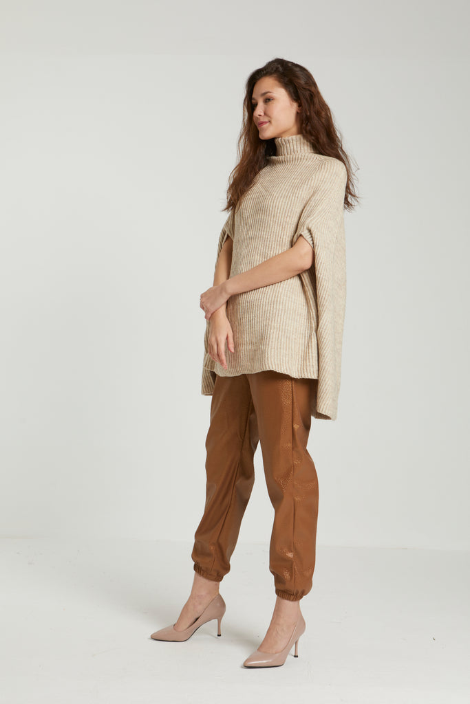 RIBBED KNIT CAPE - BEIGE - clothing - Opio Shop