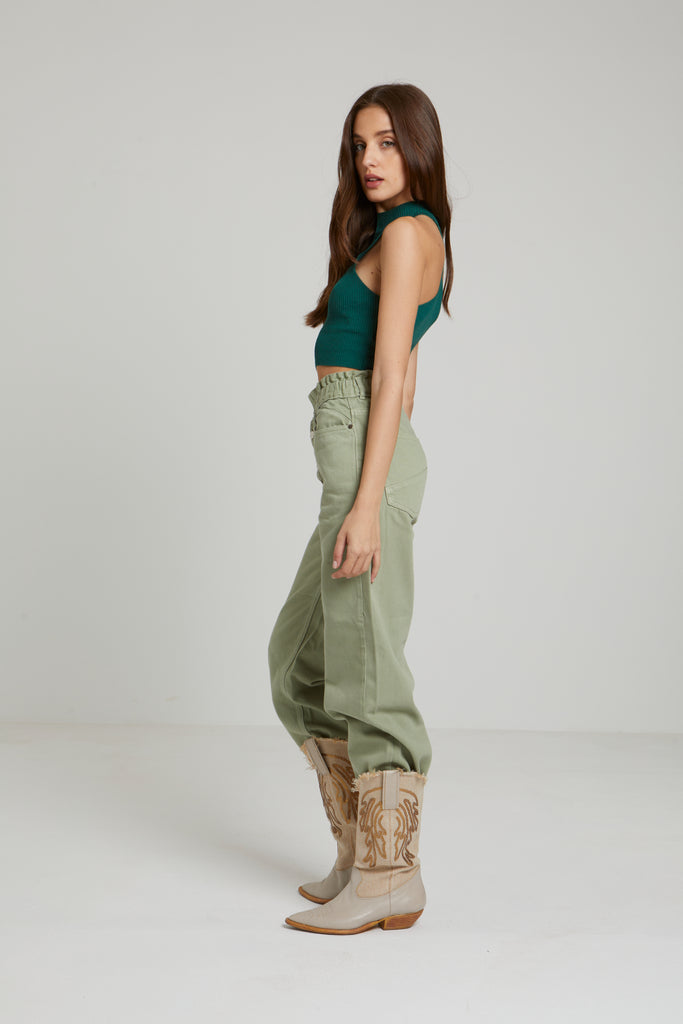 EXPOSED BUTTON FLY WIDE LEG JEANS - MINT GREEN - Opio Shop