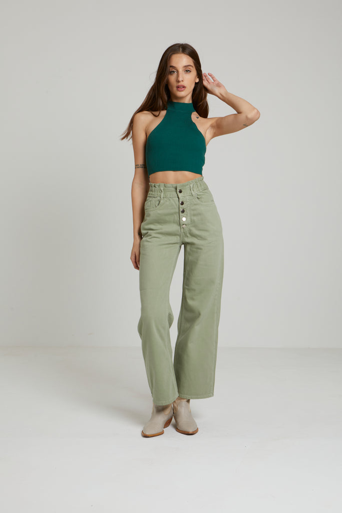 EXPOSED BUTTON FLY WIDE LEG JEANS - MINT GREEN - Opio Shop
