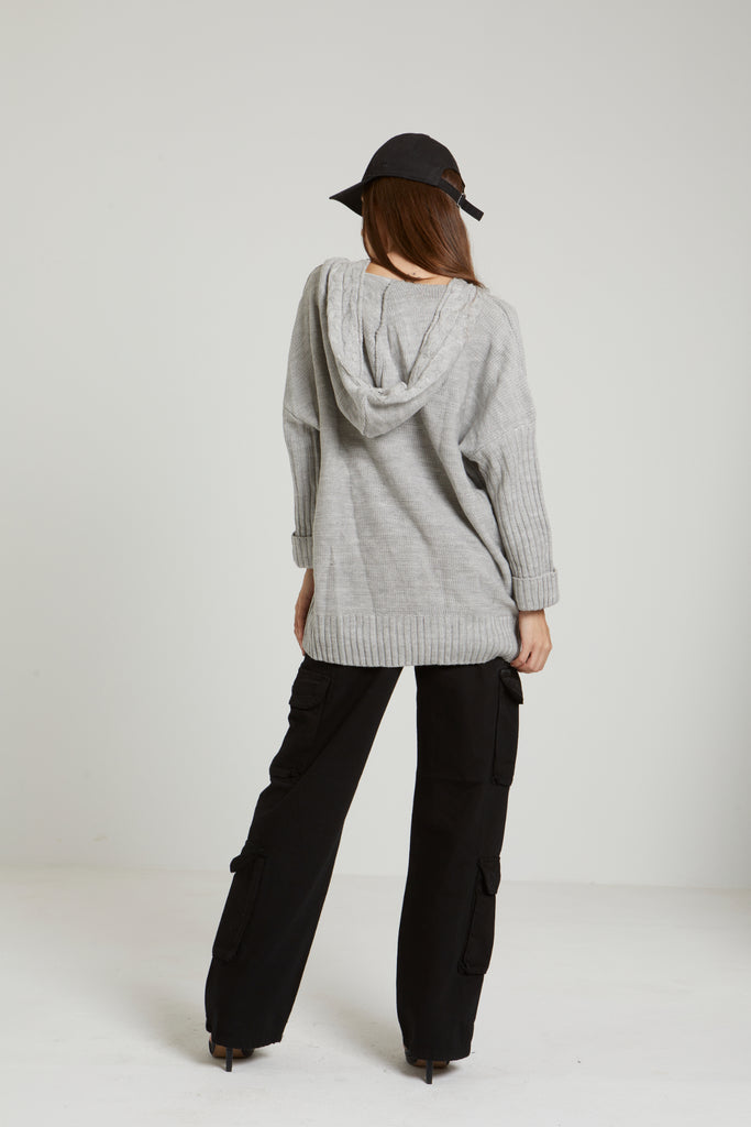 HOODED CABLE KNIT SWEATER - GREY - clothing - Opio Shop