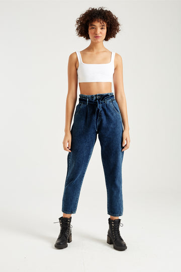 NAVY BELTED PAPERBAG JEANS - Opio Shop