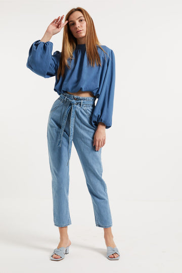STONE BELTED PAPERBAG JEANS - Opio Shop