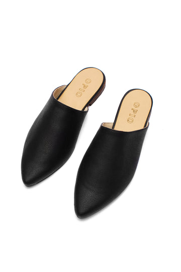 LEATHER POINTED FLAT MULE - BLACK - Opio Shop