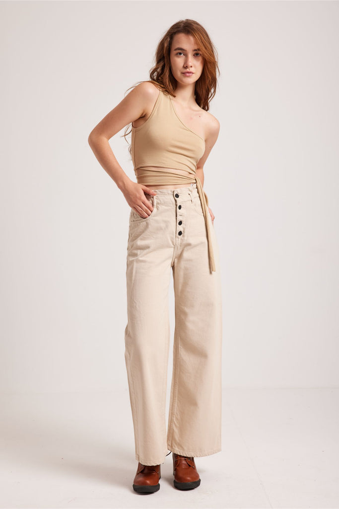 EXPOSED BUTTON FLY WIDE LEG JEANS-BEIGE - Opio Shop