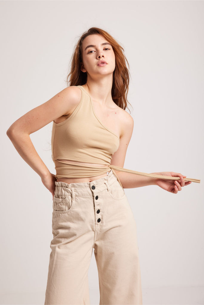 EXPOSED BUTTON FLY WIDE LEG JEANS-BEIGE - Opio Shop