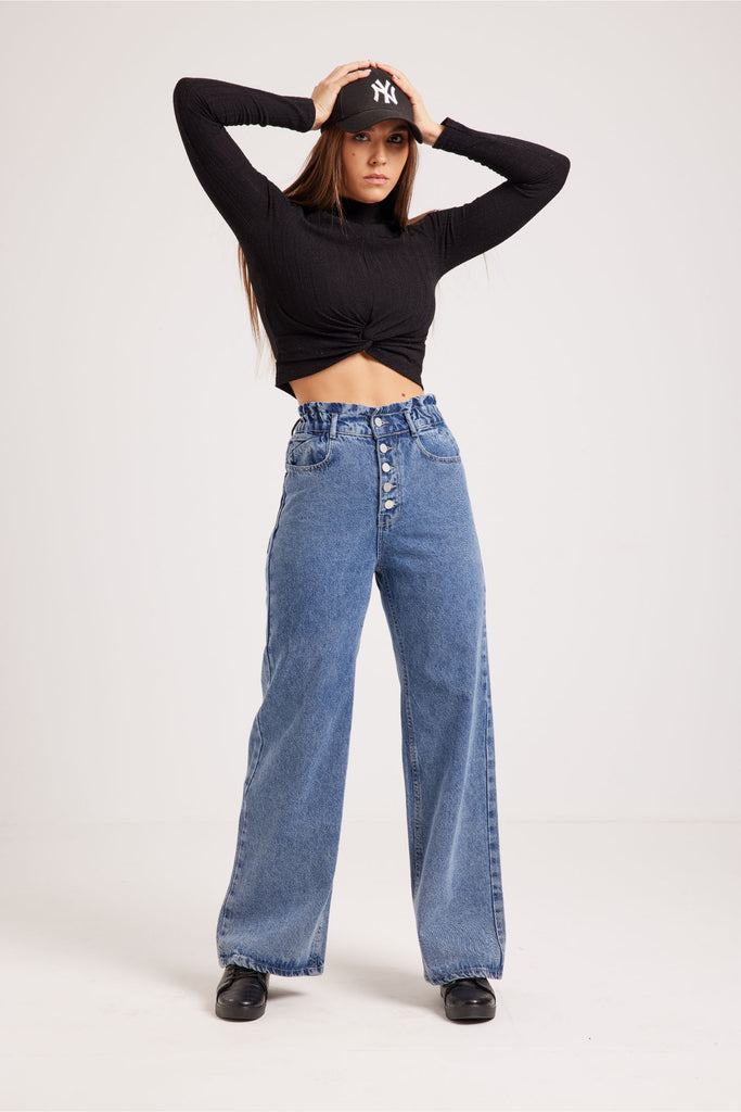 EXPOSED BUTTON FLY WIDE LEG JEANS-LIGHT BLUE - Opio Shop